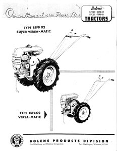 Bolens 15FC, 15FD walking tractor owners manual w/ parts list